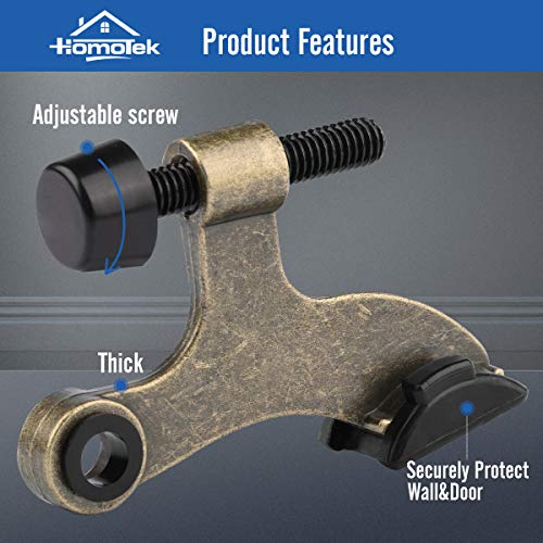 HOMOTEK 2 Pack Hinge Pin Antique Brass Door Stopper, Adjustable Deluxe Heavy Duty Door Stopper 2-1/2"x1-3/4”, with Black Rubber Bumper Tips