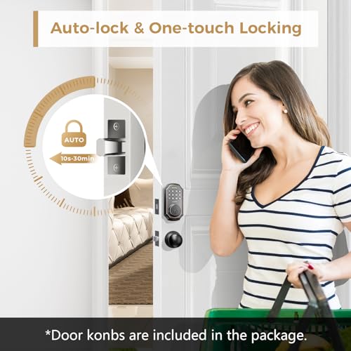 Keyless Entry Door Lock with 2 Door Knobs - App Control Electronic Keypad Deadbolt Smart Lock - 100 Code Keypad Door Lock with Handle - Front Door Lock Set - One Time Code - Auto Lock Easy to Instal