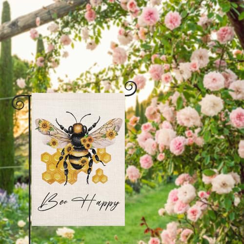 Smilyard Hello Summer Bee Garden Flag 12x18 Inch Vertical Double Sided for Outside, Small Burlap Yellow Bumble Bee Nest Honeycomb Farmhouse Holiday Yard Flag Outdoor Decoration