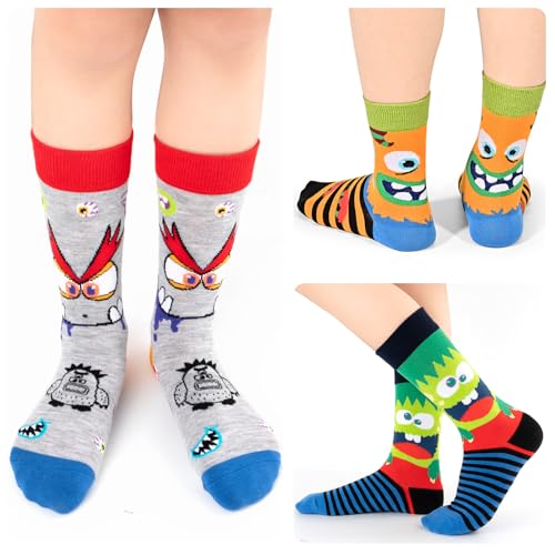 Dsia Zamur 6 Pack Novelty Kids Boys Monster Socks + Gift Box, Funny Crazy Eyes Colorful Athletic Halloween Christmas Stripe Calf Crew Socks for Girls Children Sons 2-4 Years