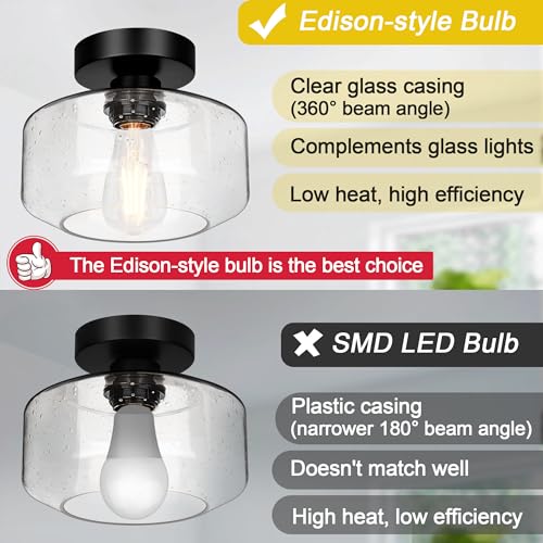 Industrial Semi Flush Mount Ceiling Light, 800 Lumen LED Bulb Included, Seeded Glass Shade Farmhouse Light Fixture for Hallway Corridor Kitchen Bathroom Bedroom Passway