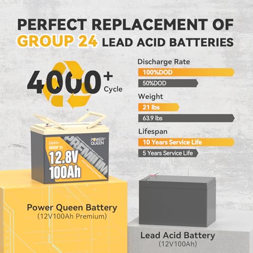 Power Queen 2PACK 12V 100Ah Group 24 LiFePO4 Battery, 1280Wh Lithium Battery with 100A BMS,Grade A Battery Cell, Perfect for Trailer RV, Marine, Solar Power System