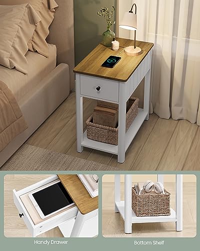 VASAGLE Side Table with Charging Station, End Table with USB Ports and Outlets, Nightstand with Storage, for Living Room, Bedroom, Modern Farmhouse Style, Rustic Walnut and White ULET318T14V1