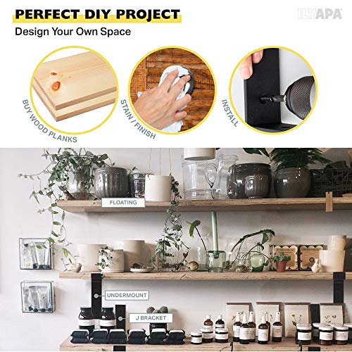 Ilyapa Heavy Duty Floating Shelf Brackets, 4 Pack - 4x6 Inch Black Metal Shelf Holders for Wall Mount Shelves