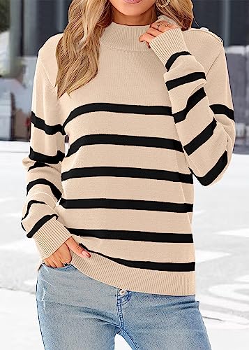 KIRUNDO Women's 2024 Fall Winter Long Sleeve Knit Sweater Turtleneck Striped Loose Pullover Tops Deco with Metal Buttons(Medium, Gray)