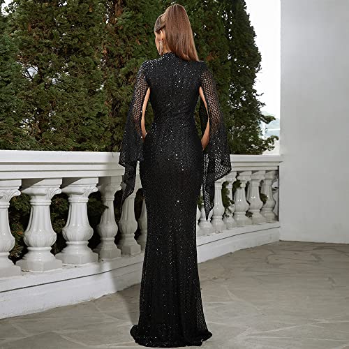 Lin Lin Q Women’s Formal Sequin Split Sleeve Maxi Prom Dress, Bodycon Mermaid Evening Party Gowns Apricot