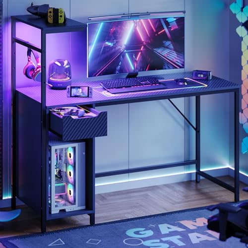 Bestier Gaming Desk with Drawer and LED Lights, 48 inch Computer Desk PC Table with Adjustable Storage Shelves & Hook for Home Office, Carbon Fiber Black