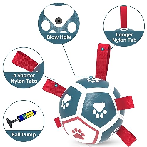 QDAN Dog Toys Soccer Ball with Straps - Durable Dog Balls for Large Dogs, Beach Pool Dog Water Toy, Dog Tug Toys for Tug of War, Puppy Dog Birthday Gifts (8 Inch)