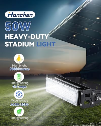 Hanchen LED Stadium Light 50W Flood Light 8000LM 6500K Arena Light AC85-305V Stadium Flood Light IP66 Waterproof Lighting Fixture for Stadium, Playground, Dock, Square, Outdoor Area Lighting