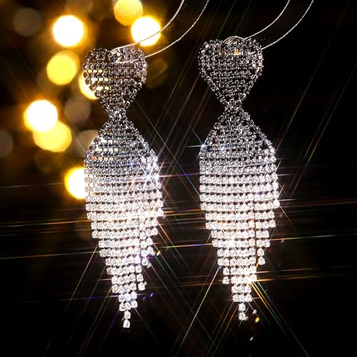 Rhinestone Drop Earrings for Women Sparkly Long Tassel Earrings Crystal Statement Earrings Bling Chandelier Earrings Party Prom Wedding Bridal Bridesmaid Dress Outfit Jewerly Gifts(C:Pink)