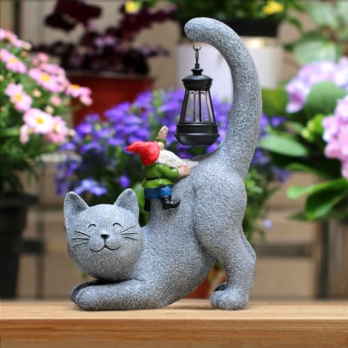 Snowrabbit Cat Statue Garden Decor with LED Lantern, Solar Cat Figurine for Outside -11" Tall Resin Kitten Yard Art Gifts for Mom,Birthday Gift for Women,Cat Statues for Garden,Patio,Yard Decoration