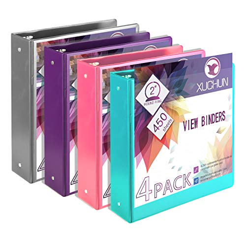 4Pack 2 Inch Round 3 Ring Binder View Binders with 2 Pockets,Holds 450 Sheets Assorted Colors for Office,Home,Business