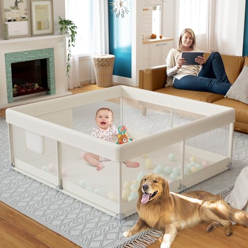 Fodoss Baby Playpen, Upgrade Playpen for Babies and Toddlers, 47x47x26inch Beige Play Pen for Babies with Hand Pulling Ring, Play Pen Center for Kids,Baby Fence,Baby Playards