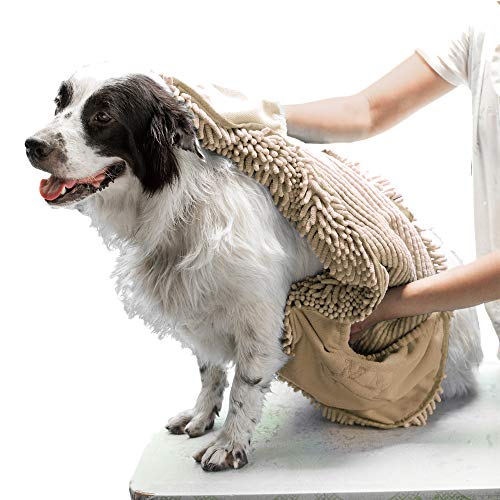 Tuff Pupper Quick Dry Towel for Dogs | Ultra Absorbent Microfiber Shammy | Extra Large 35x15 Size for All Breeds | Comfortable Hand Pockets | Indoor Outdoor Use | Durable Material | Machine Washable