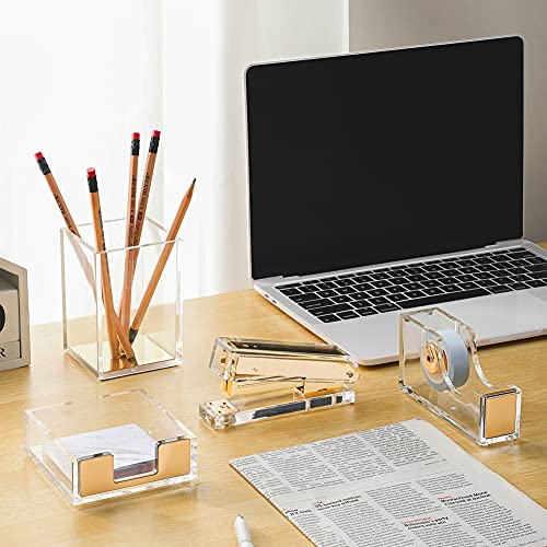Acrylic Gold Tape Dispenser Gold Desktop Stapler, Acrylic Office Supplies Includes Staple Remover, Tape, 1000pcs Staples Desk Accessory Kit, Cute Office Stapler Set for Modern Design Office Desktop