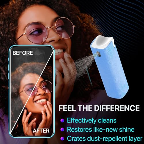 IO CLEAN Mini Screen Cleaner Spray – Finger Proof Screen Cleaner for Smartphones, iPads, MacBooks, Laptops, Car Screens, Touchscreens – 3 in1 Mist Cleaner, Microfiber Cloth and Protective Cover (Blue)
