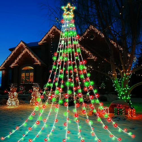 Christmas Decorations Star String Lights, 320 LEDs Outdoor Waterfall Tree Lights with 13" Topper Star, Plug in Waterproof Hanging Fairy Lights for Xmas New Year Holiday Party Yard Patio Decor (Blue)