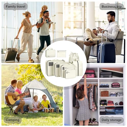 DIMJ Packing Cubes for Suitcases - Travel Cubes for Packing, Lightweight Luggage Packing Cubes, Suitcase Organizer with Laundry Bag, Shoes Bag, Toiletry Bag (Beige)