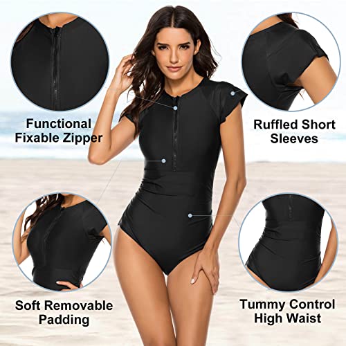 Wolddress Women Modest One Piece Bathing Suit Short Sleeve Tummy Control Swimsuit Zipper Surfing Athletic Rash Guard Floral Green Black M