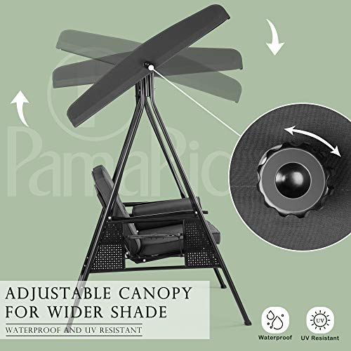 Pamapic Outdoor Patio Swing Chair with Weather Resistant Steel Frame, Adjustable Canopy,Removable Cushion and Pillow for Backyard, Garden, Porch,Poolside, Balcony-2-Seat (Gray)