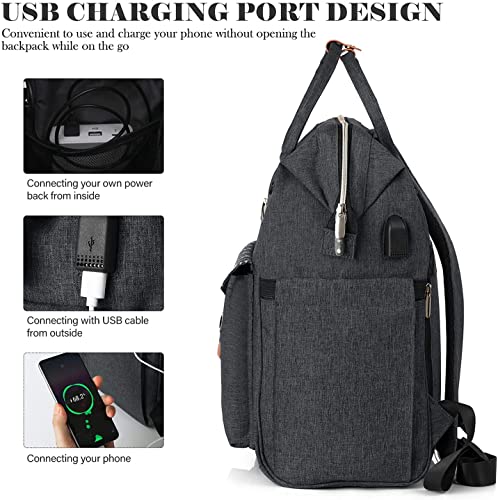 RJEU 17.3 Inch Travel Laptop Backpack for Women, College School Backpack with USB Port Charging, Water Resistant Casual Sturdy Computer Bag Gifts for Women Girls, Black