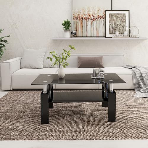 Meihua Rectangle Glass Coffee Table 2-Tier Tea Table Modern Side Coffee Table for Living Room (All Black)