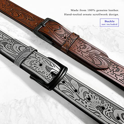 B6670-N Vintage Butterfly Embossed Genuine Leather Full Grain Casual Belt Strap 1-1/2"(38mm) Wide (Brown, 32)