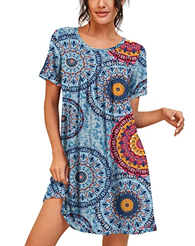 PrinStory Womens Sleepwear Short Sleeve Nightgown Soft Sleepshirt Pleated Nightshirt Scoopneck Casual Loungewear FP-Blue Star Universe-M