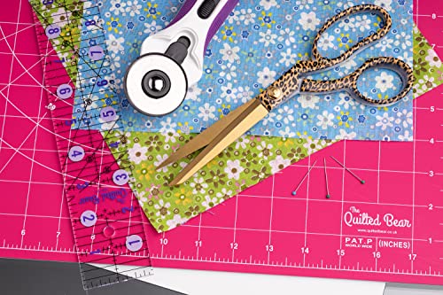 The Quilted Bear Quilting Rulers - Transparent Acrylic Non Slip Quilting, Patchwork & Sewing Ruler with Clear Black Lines & 30, 45 & 60 Degree Angles (2" x 12")