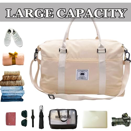 Travel Weekender Overnight Bags for Women With Wet Pocket Sport Gym Tote Duffle Bag Carry on Waterproof (Beige)