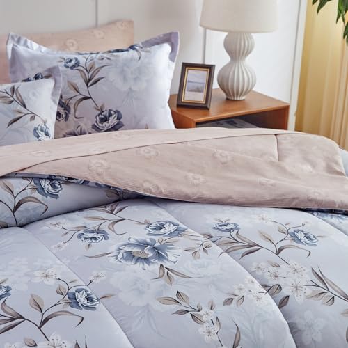 Flower Bed in a Bag 6 Pieces Twin size Blue Gray Floral Comforter Sheet Set Soft Microfiber Lightweight Summer Bed Set (1 Comforter 2 Pillow Shams 1 Flat Sheet 1 Fitted Sheet 1 Pillowcases)