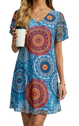 QIXING Women's Summer Casual Loose Mini Dress V-Neck Bell Short Sleeve Double Layer Shift Dress FP Mix Blue-S-6