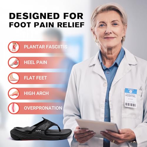 PCSsole Plantar Fasciitis Sandals for Women - High Arch Support Flip Flops with Comfort Cushion & Rubber Sole - Recovery Thong Orthotic Sandals for Foot Pain - Flat Feet - Arch Pain - Heel Pain