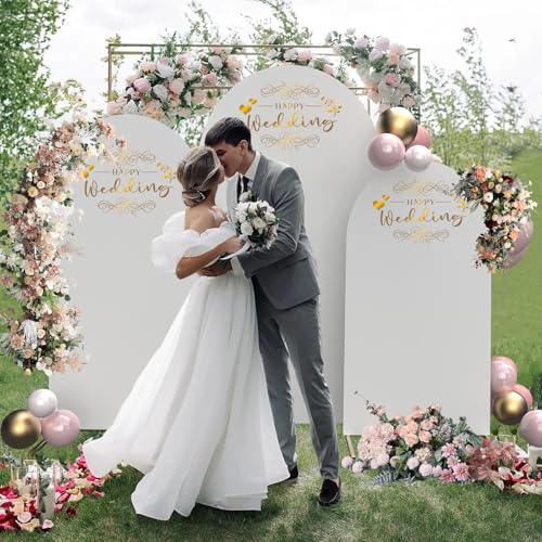 MYSWEETY Set of 3 Metal Arch Backdrop Stand and Cover Set, 4FT/5FT/6FT Wedding Arch Frame, Gold Arch Stand for Birthday, Party, Baby Shower, Ceremony Decor(White)