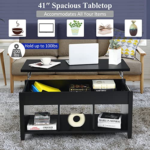 Tangkula Wood Lift Top Modern Coffee Table w/Hidden Compartment and Open Storage Shelf for Living Room Office Reception Room (Black)