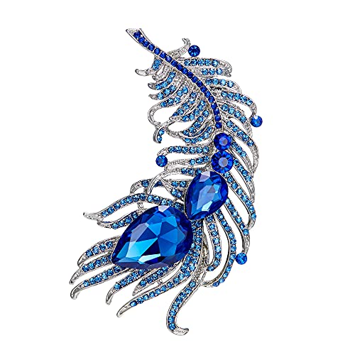 EVER FAITH Women's Austrian Crystal 4 Inch Peacock Plume Teardrop Brooch Blue Silver-Tone