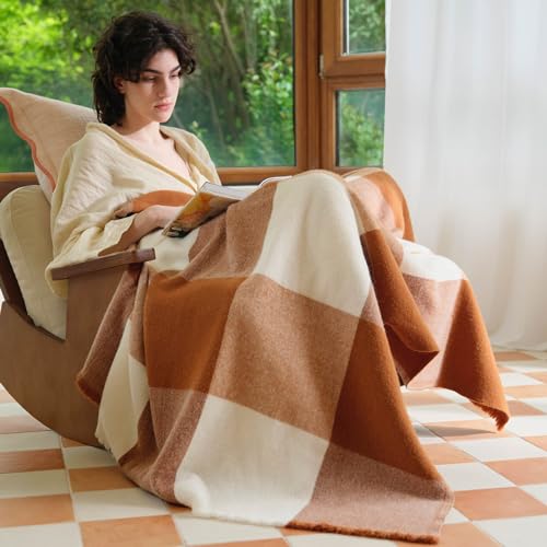 Double Stitch by Bedsure Alpaca Wool Throw Blanket - Soft Warm Blanket for Couch - Luxury Decorative Fleece Blanket, Fall Plaid Blanket, Perfect House Warming Gift, 50" x 60", Harvest Brown & Cream