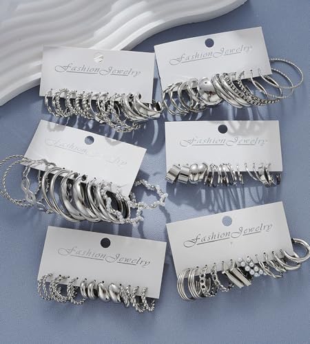 36 Pairs Gold Hoop Earrings Set for Women, Chunky Gold Earrings Multipack, Trendy Hypoallergenic Silver Hoop Earring Pack (Style1-silver)