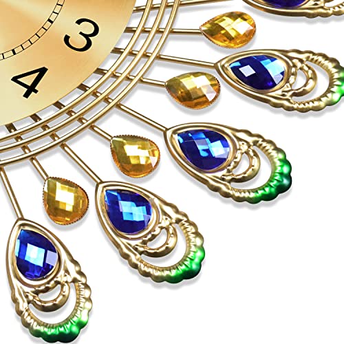 NEOTEND Gold Modern Wall Clock for Living Room Decor Large Peacock Kitchen Big Wall Watch for Bedroom Silent Decorative Office Non Ticking Metal Crystal Wall Clock Battery Operated 15 Inch