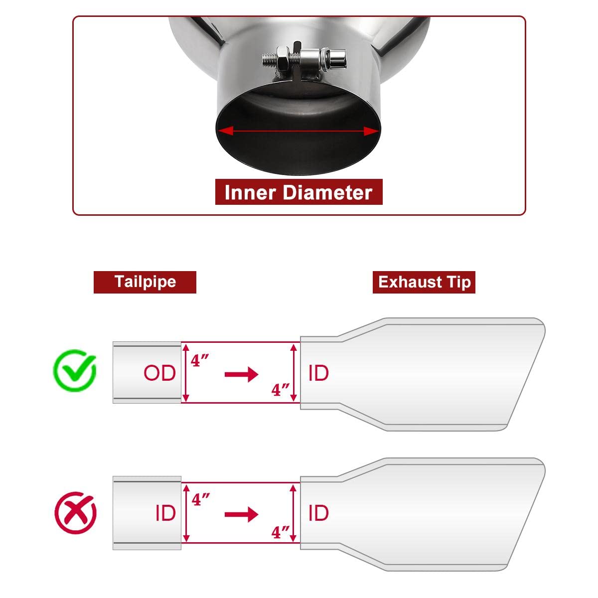 Upower 4 inch Inlet 8 inch Outlet Exhaust Tip Stainless Steel 4" to 8" Tail Pipe Tips 15" Long Bolt-On 45 Degree Angle Cut Universal for Car Truck