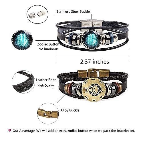 Dcfywl731 2Pcs Libra Zodiac Bracelets for Women 12 Constellations Multilayer Leather Bracelet Handmade Woven Zodiac Sign Wrap Wristband Cuff Bracelet Zodiac Gifts for Birthday Christmas