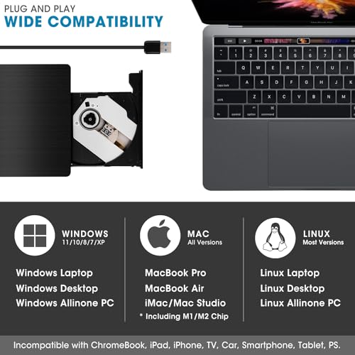 ROOFULL External CD DVD Drive USB 3.0 Portable DVD & CD-ROM +/-RW Player Burner Reader Writer Rewriter Adapter Optical Disc Drive for Laptop PC Windows 11/10/8/7 Mac Linux Desktop Computer