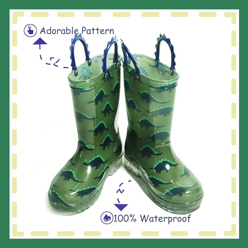 Outee Toddler Boys Rain Boots Little Kids Baby Light Up Printed Waterproof Mud Shoes Blue Shark Lightweight Rubber Adorable with Easy-On Handles Non Slip (Size 6,BLue)