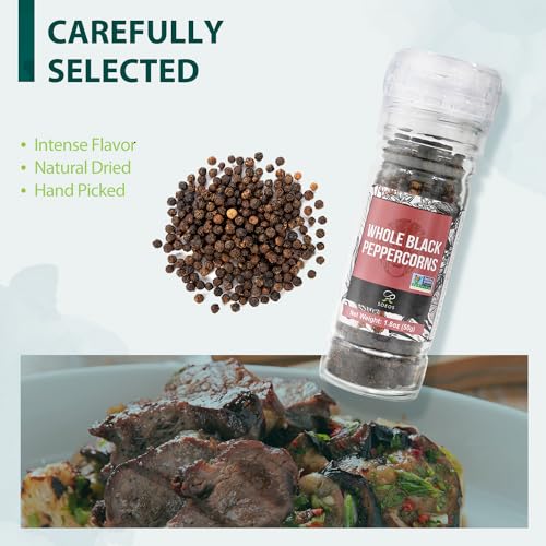 Soeos Sea Salt 3.5 oz + Black Peppercorns 1.8 oz, Salt for Grinder Refill, Salt and Peppercorns, Pepper Grinder Refill, Non-GMO Spice Seasoning Set For Cooking (150g Grinders, Glass Bottle)