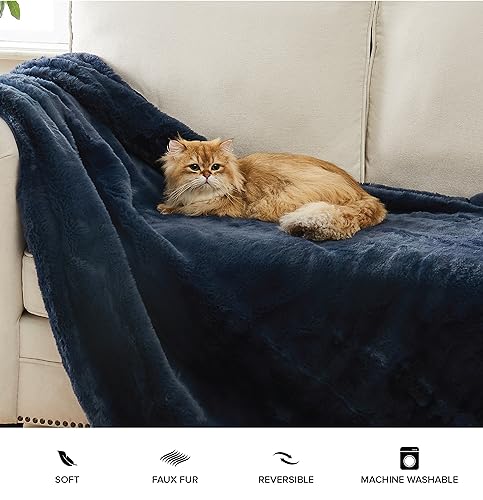 UGG 16804 Euphoria Plush Faux Fur Reversible Throw Blanket Easy Care Machine Washable Luxury Cozy Fuzzy Fluffy Luxurious Home Decor Luxurious Soft Blanket for Sofa, 70 x 50-Inch, Indigo