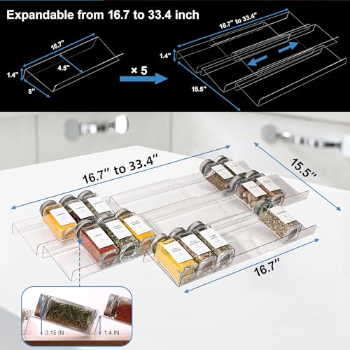 Brippo Spice Drawer Organizer, Includes 24 Spice Jars and 378 Labels with 5-Tier Clear Acrylic Riser Display Stand, Adjustable From 9-to-18 inch Spice Tray for Drawer, Kitchen Drawer Spice Rack Tray