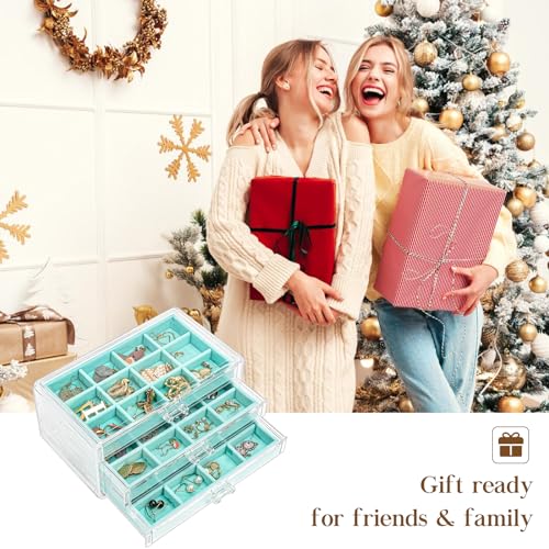 ProCase Earring Holder Organizer Jewelry Box with 3 Drawers, Acrylic Clear Earring Case with Adjustable Velvet Trays for Women - Aqua, 3 Layers