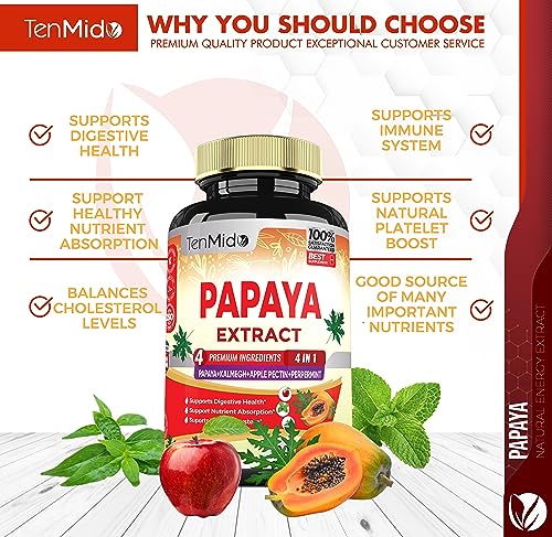 Papaya Leaf Extract Supplements Capsules 5650mg, 3 Months Supply with Kalmegh, Apple Pectin, Peppermint - Improved Digestion Function - 90 Vegan Capsules