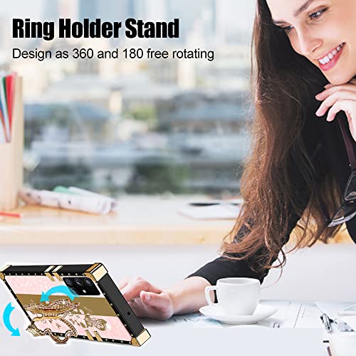 FLYING FLIER for Samsung Galaxy A71 5G Case, 3D Floral Bling Glitter Ring Kickstand Holder, with Square Rivet Shockproof Protective Case Elegant Slim TPU Phone Case for Girls Women (Floral-Pink)