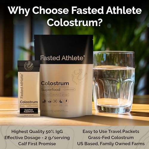 Fasted Athlete Colostrum Supplement for Gut Health, Grass Fed Colostrum Powder, 50% IgG, Skin & Hair, Muscle Recovery, Immunity, Energy - Unflavored, 30 Serving Packets